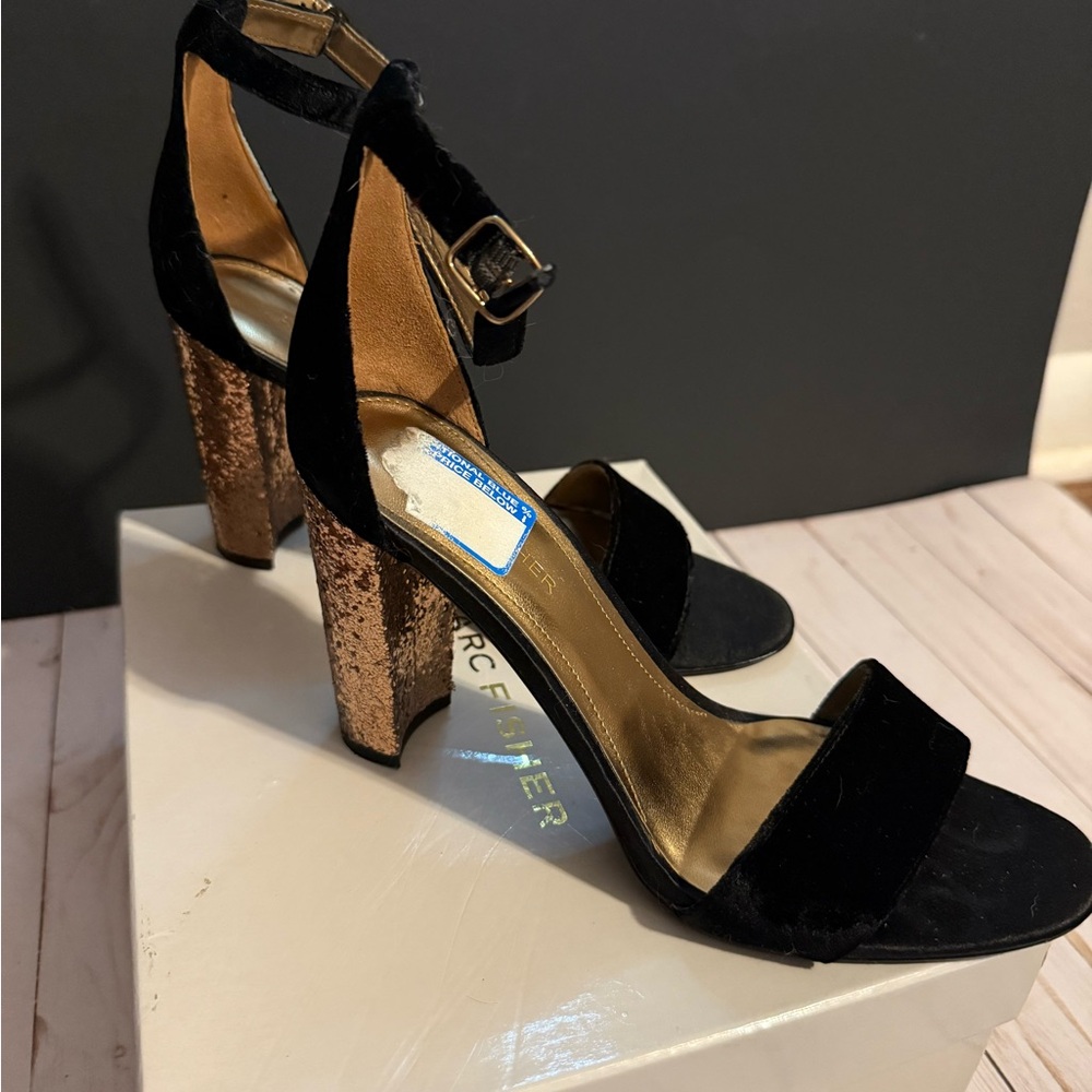 Marc Fisher Black and Gold Chunky Heels